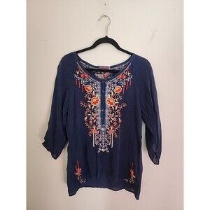 Johnny Was Mid Sleeve Blue Multi-Color Floral Embroidered Blouse Size S